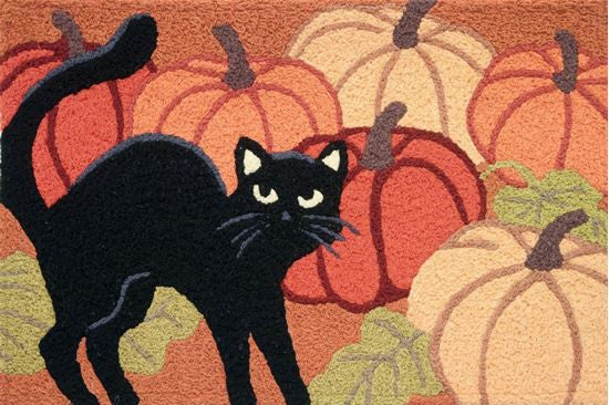 Black Cat with Pumpkin Door Mat