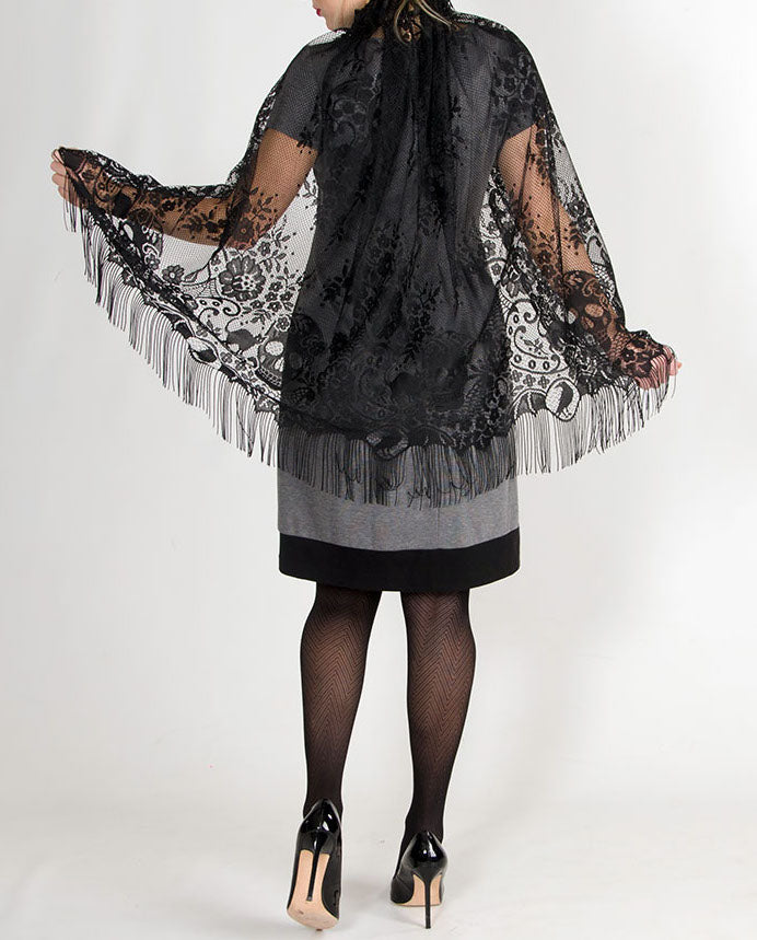 Victorian Black Lace Halloween Cape with Fringe
