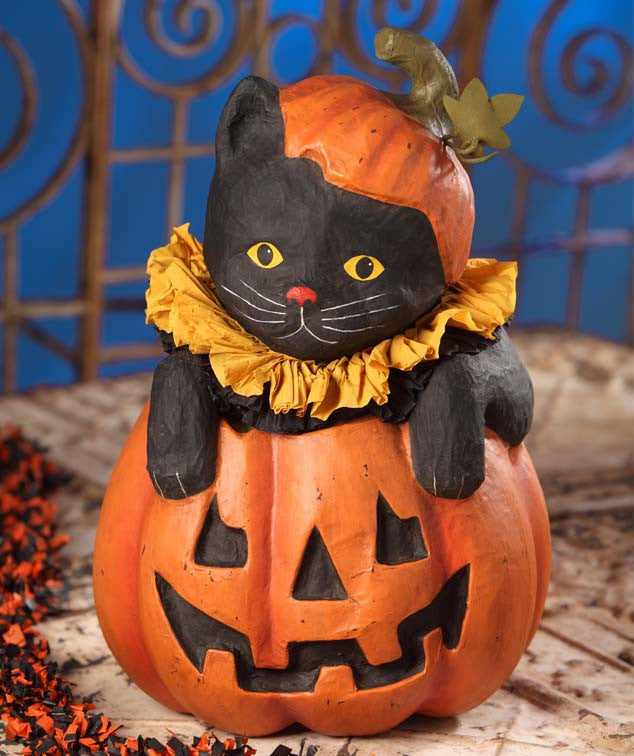 Paper Mache Halloween Cat in Pumpkin
