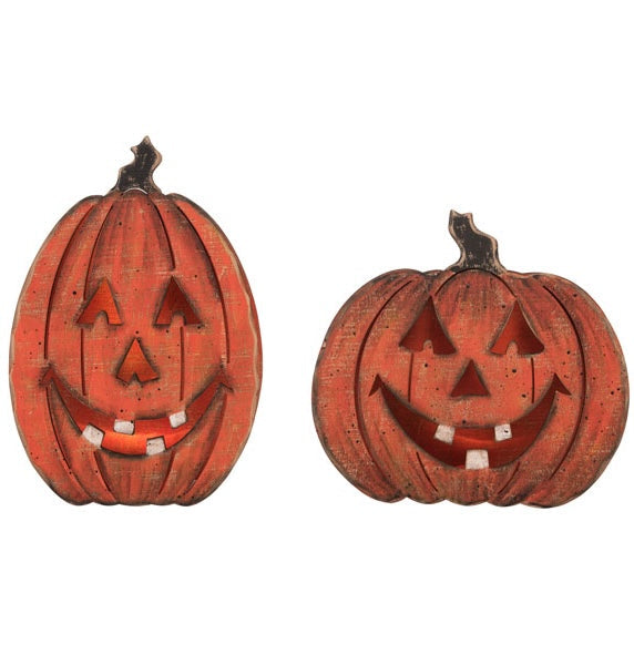 "Rustic Wooden Jack-O-Lanterns, lights up"