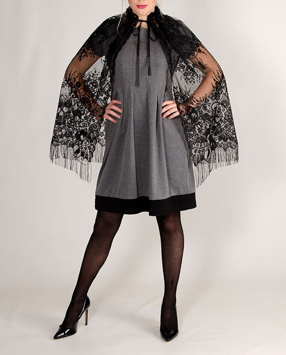 Victorian Black Lace Halloween Cape with Fringe