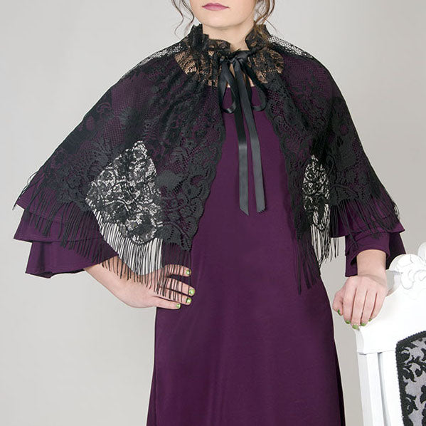 Victorian Black Lace Halloween Caplet with Fringe