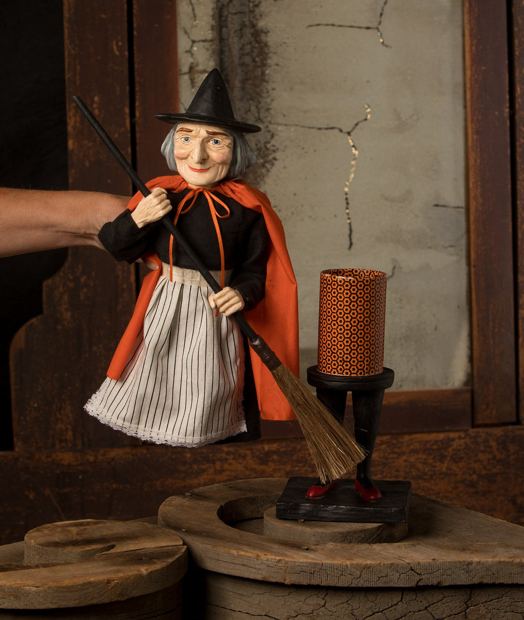Vintage Witch with Broom Container