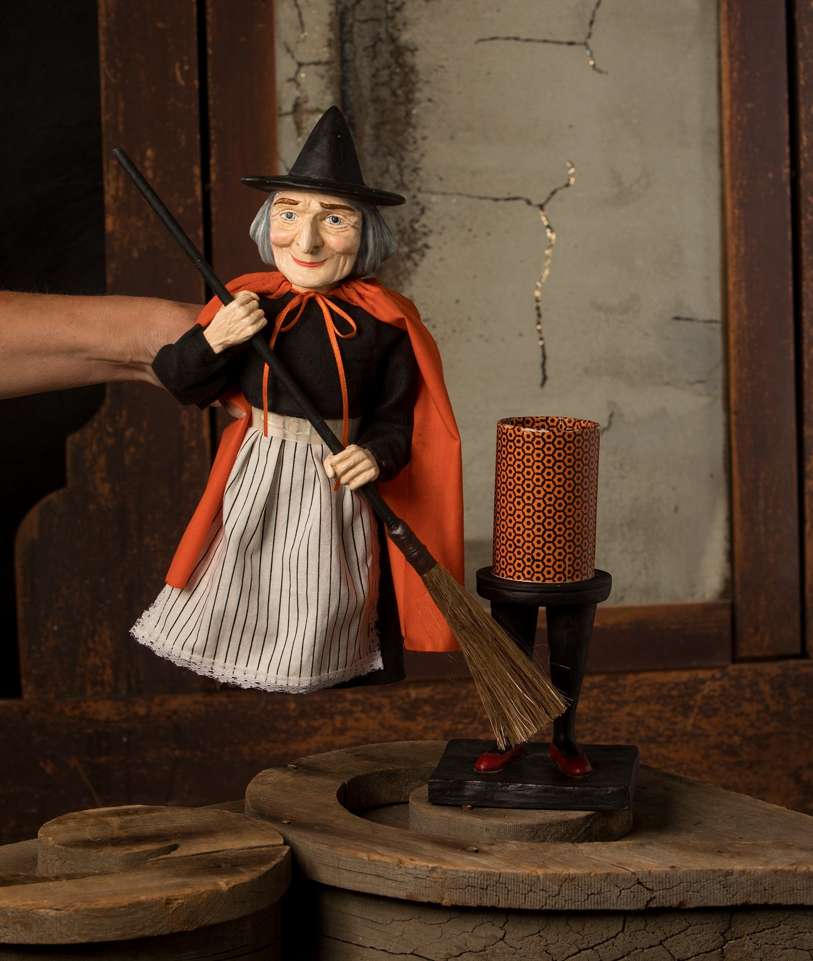 Vintage Witch with Broom Container